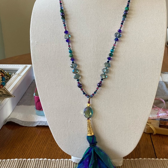 Boho Recycled Sari Silk Tassel Necklace w Czech Pressed Glass in Blues & Pinks - Picture 9 of 9